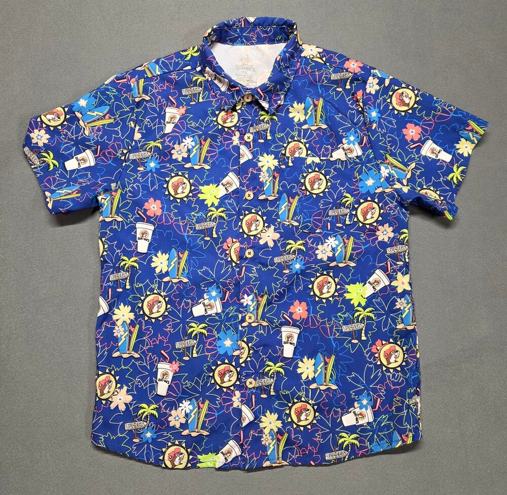 Buc-ees Shirt YL Tropical Hawaiian UPF Wicking Light Stretch Travel Wrinkle Free
